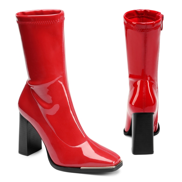 Chunky Square Toe Mid Calf Boots - RED PU - 3